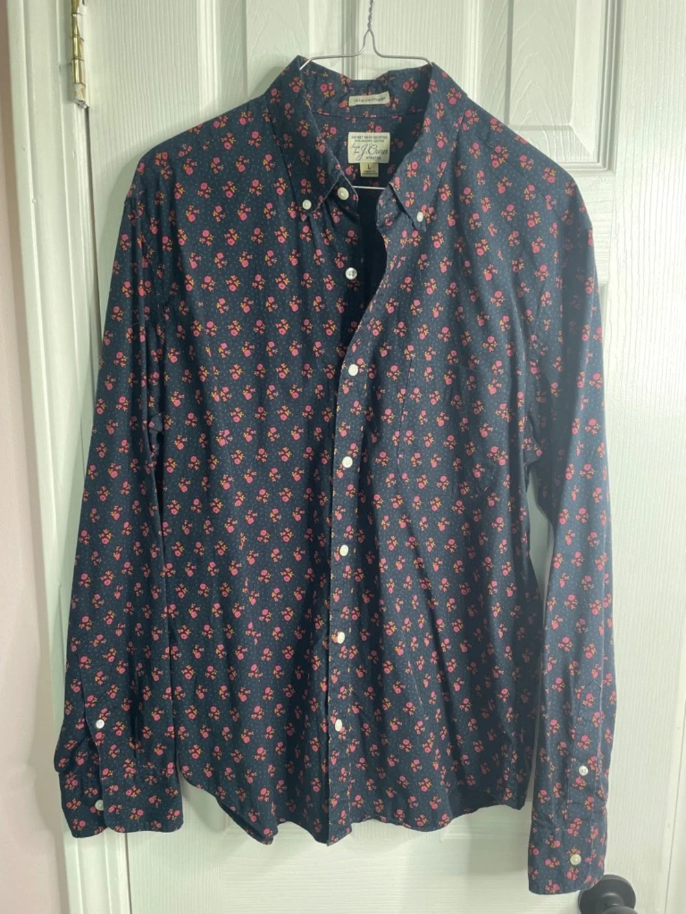 J. Crew Navy Button-Down Shirt with Pink Floral Print. Slim Untucked. Nice
